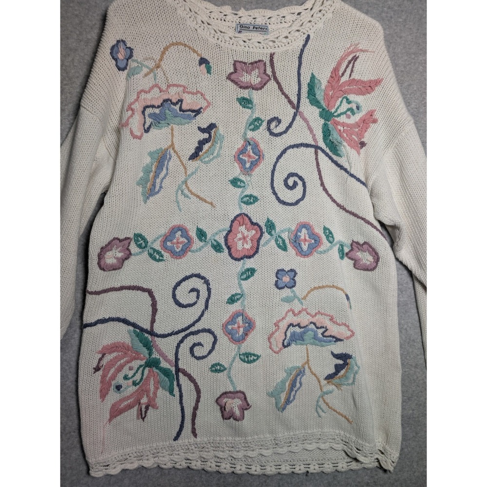 Gina Peters Vintage 90s Sweater Large Floral Embroidered Cottagecore Grannycore - Picture 2 of 10